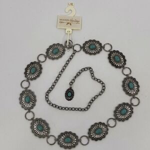 Western Modern Heritage Concho Chain Belt Women L/XL Silver Turquoise Boho New